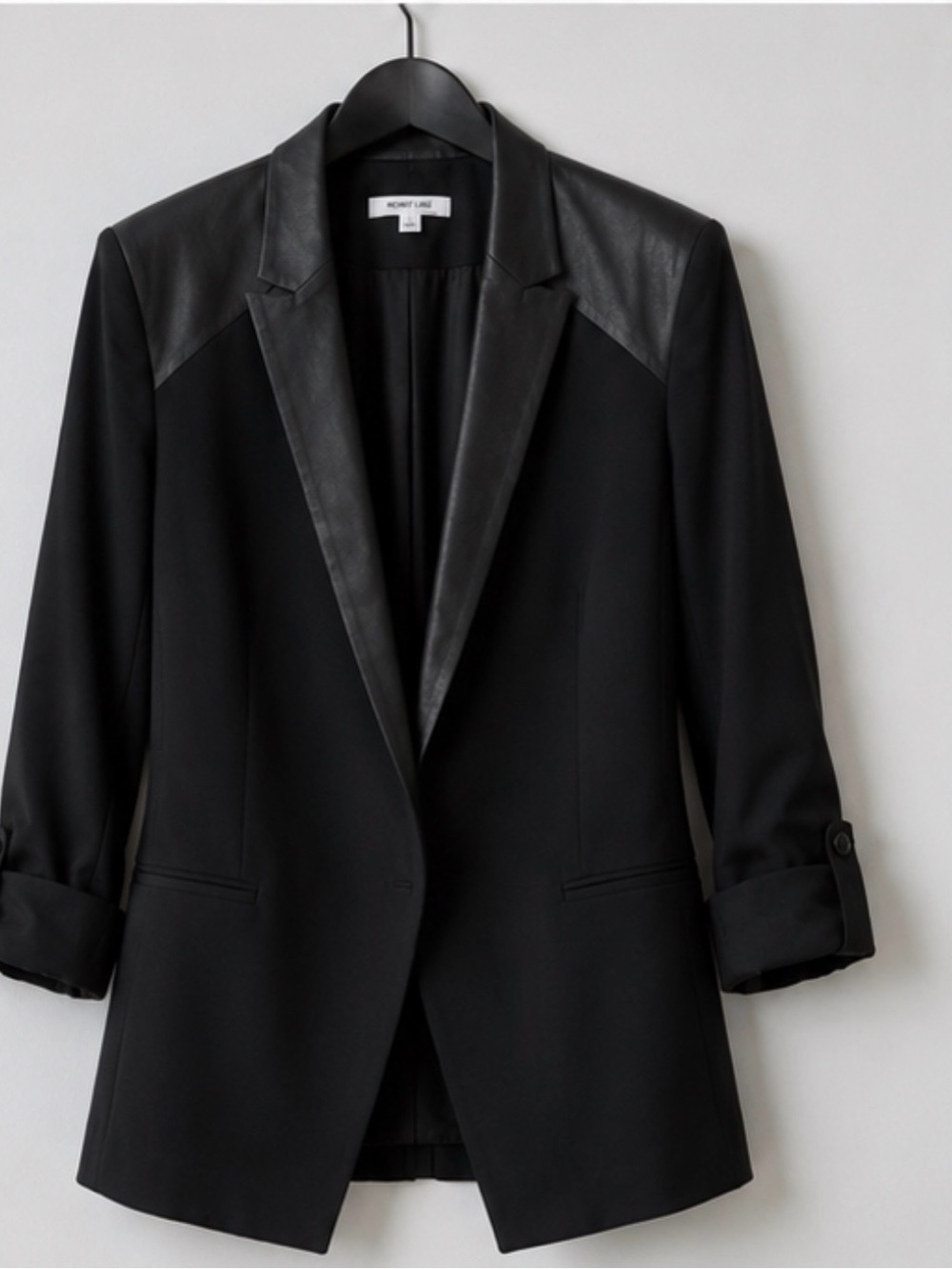 Helmut Lang Black Wool Blazer Leather Trim Size 10 Designer Edgy Soho Downtown - Picture 4 of 14